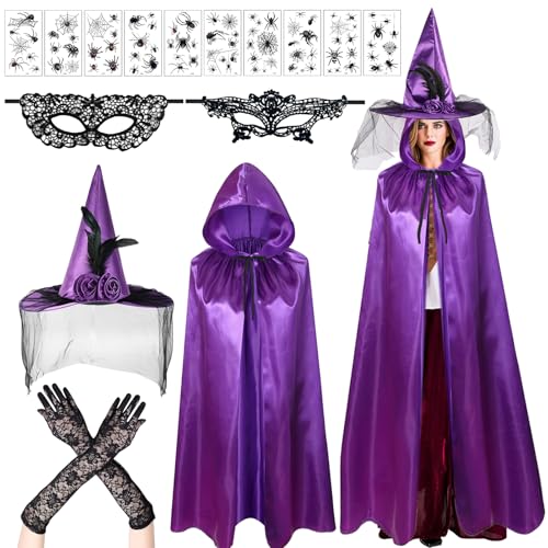 Fantasia de bruxa com camada roxa de 16 peças, capa com capuz de vampiro, chapéu bruxa, disfarces de Halloween para mulher, acessórios de disfarce de bruxa de Halloween carnaval