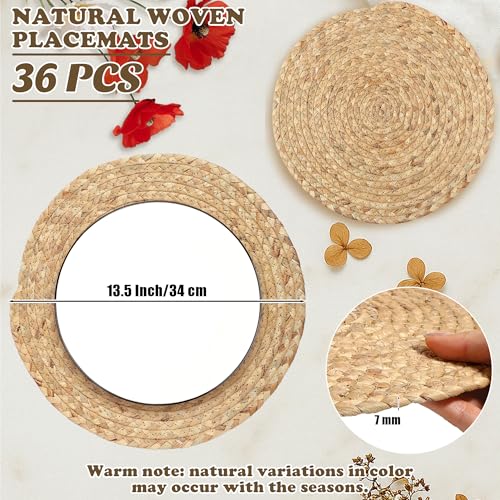 Image of Kochorie Set of 36 Round Woven Placemats 13.5-Inch Natural Water Hyacinth Plant Placemats Hand-Woven Boho Rattan Placemat Wicker Weave Table Mats for Home Table Farmhouse