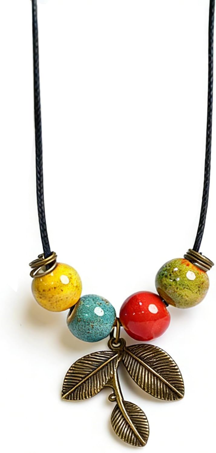 Hippie Boho Colorful Ceramic Round Beads Strand Necklace, Bohemian Long Bead Collar...