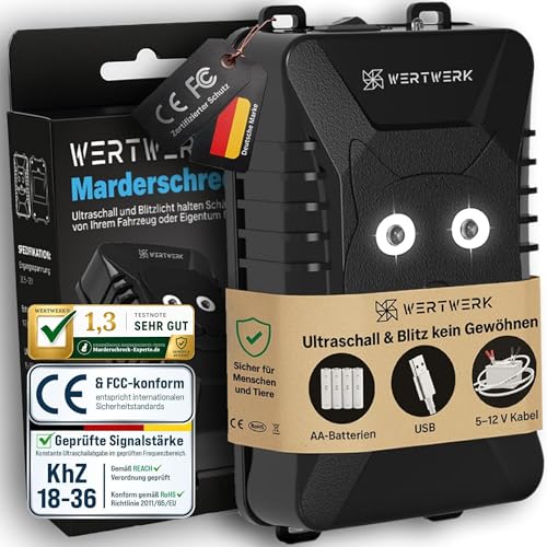 WERTWERK Marderschreck Auto Batteriebetrieben - Marderschreck Ultraschall & Lichtblitz Marderabwehr Auto Motorraum Dachboden Garage & Haus flexibel nutzbar mit Netzteil oder AA-Batterien