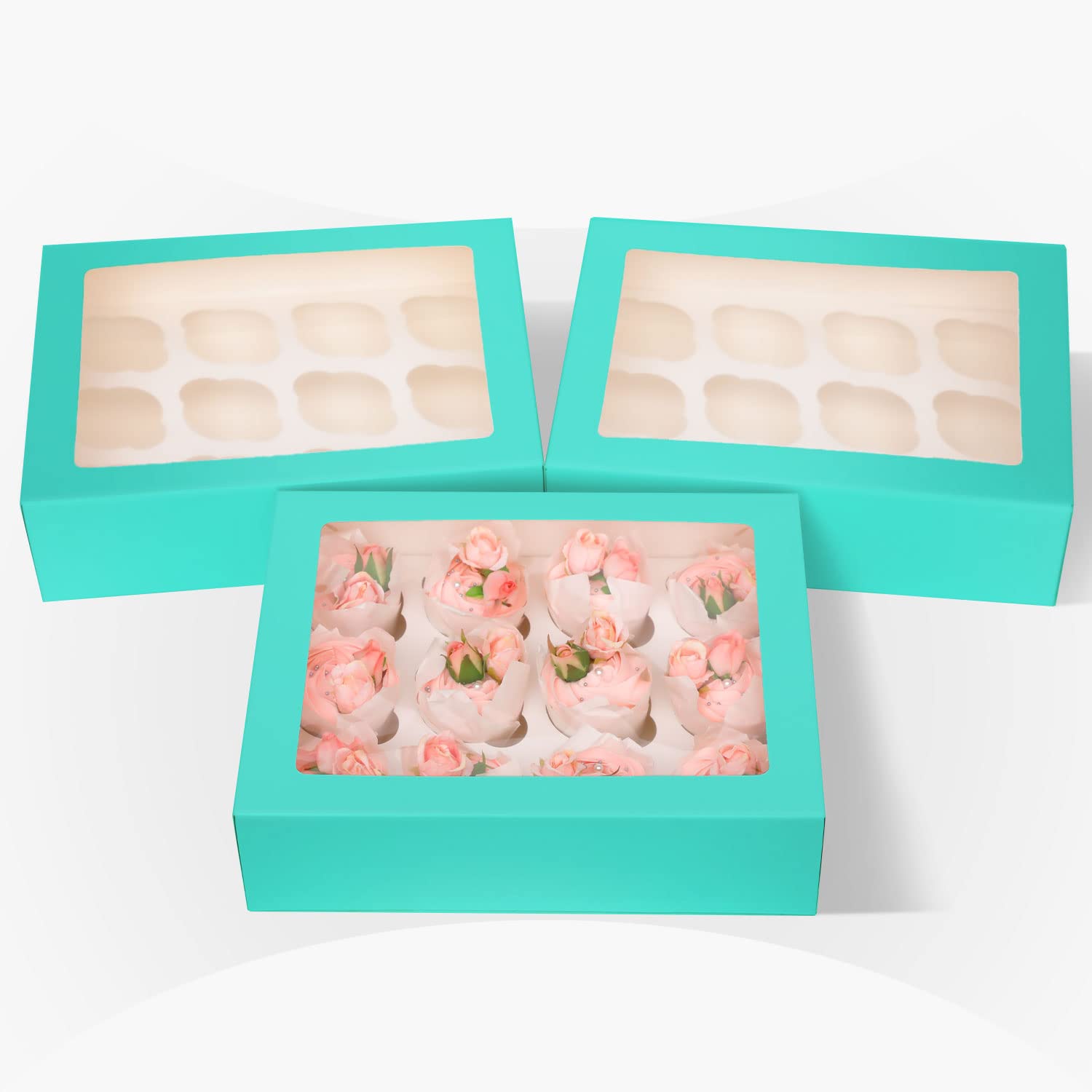 Confezione Da 10 Scatole Per Cupcake Con Finestra - Blu Menta - 33x3.5x3.5 Cm