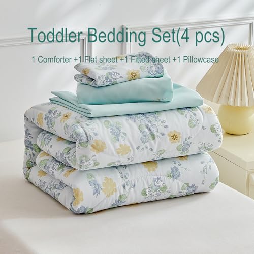 Image of JHXHMX 4 Pieces Toddler Bedding Set,Green Floral Toddler Comforter Sets for Girls,Soft Crib Bed Sheets Set Includes Quilted Comforter,Fitted Sheet,Flat Top Sheet and Envelope Pillowcase