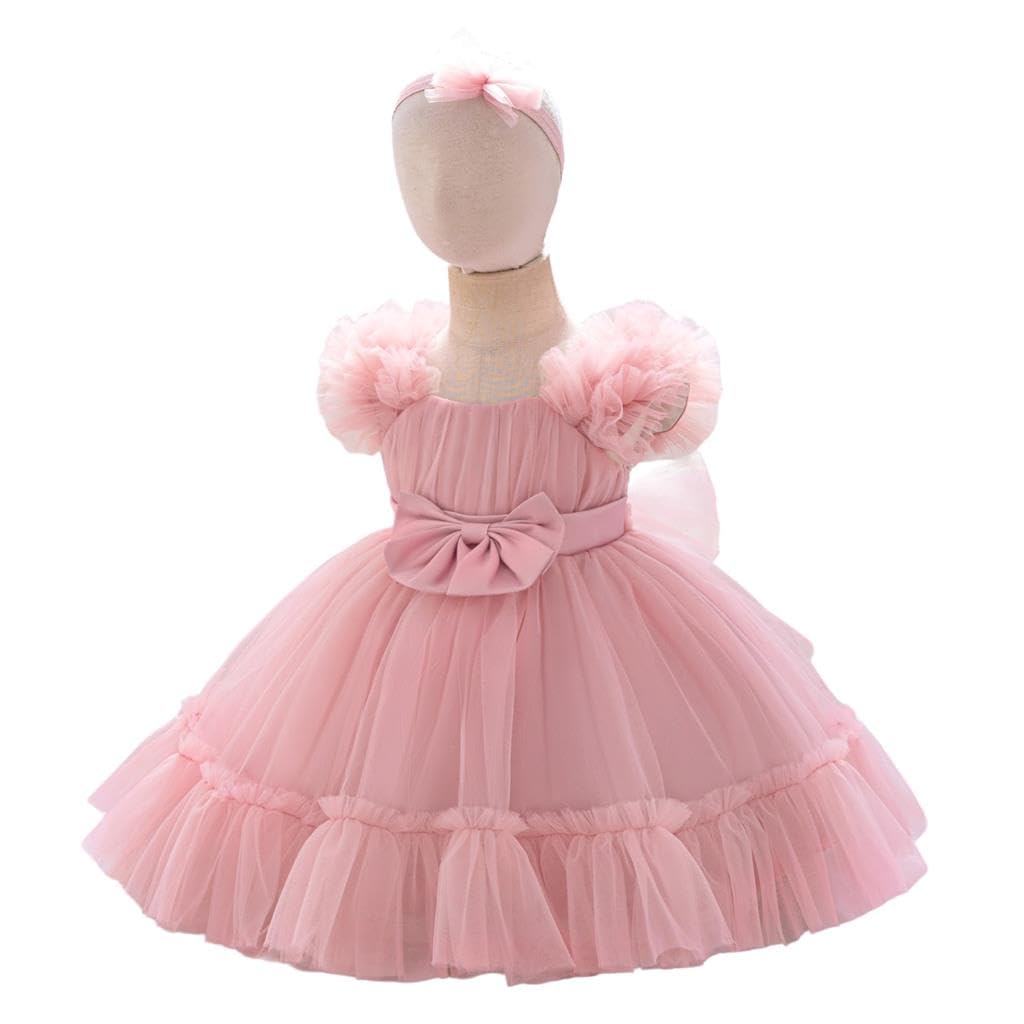Lito Angels Robe en Tulle Fille avec Bandeau, Taille 9 Mois-3 Ans | Bandeau assorti, Corsage sans manches, encolure carrée, jupe tulle 4 couches, gros nœud à la taille, Mariage, Cérémonie, Fête