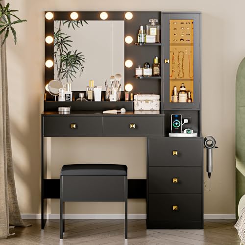 Image of Vanity Desk with Mirror and Lights, Black Makeup Vanity with 5 Drawers Hidden Jewelry Organizer& LED Glass Cabinet,3 Light Mode and Brightness Adjusted,Vanity Mirror with Lights Desk and Chair