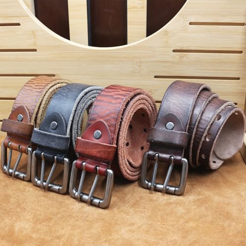 Men's Double Prong Distressed Vintage Leather Belt Casual Work Heavy Duty Double Grommet Holes Waist Strap for Jeans 6