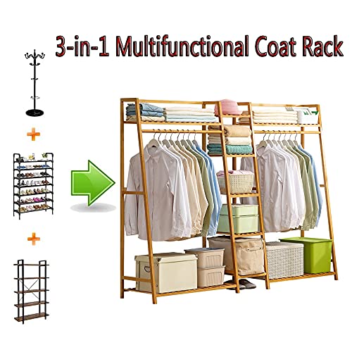 Yyhj Bamboo Clothing Garment Rack Clothes Shelves,Heavy Duty Coat Hanging,Portable Laundry Cloest Shoe Shelf Organizer Storage Wardrobe,For Entryway And Bed Room Office Shop #TOP1