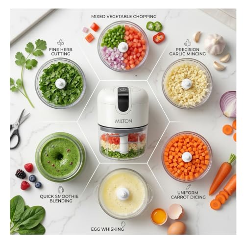 Image of MILTON 6-in-1 Rechargeable Mini Electric Chopper I Unbreakable Food Grade Material I Stainless Steel Blade I Powerful Motor I Perfect to Chop, Mince, Cut, Dice, Whisk, Blend, Grey