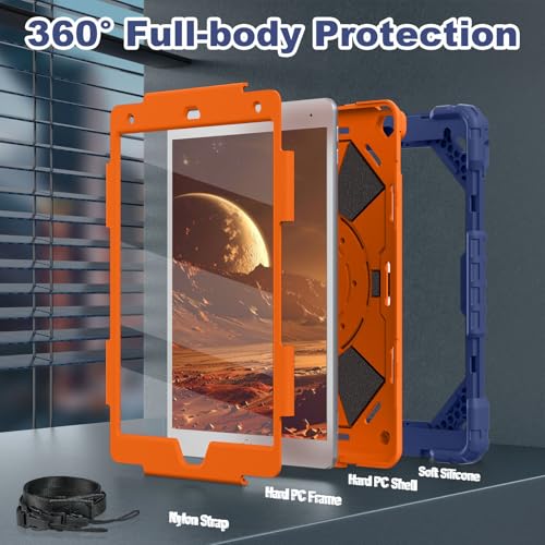 Image of WESOROL Case for iPad 9th /8th /7th Generation 10.2 Inch iPad 9th Generation Case with Screen Protector Rotating Stand Pencil Holder Heavy Duty Shockproof Cover for 9th Gen iPad Case,Navy Orange