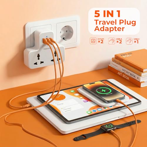 Image of TESSAN Universal Travel Adapter, 15W USB-C GaN Fast Charging, 2 AC Outlets, 2 USB-A Ports, Universal Socket, 3-Pin Plug, Surge Protection, Compatible with 6A Appliances, Space-Saving Design