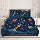 DLERFLOVR Edredón Relleno Nórdico 140x200cm para Cama 90, Edredón de Fibra 200gr/m² Planeta Espacial Suave y Transpirable Edredones Nave Espacial Cohete para Todo el Año, Fácil Lavado, Azul Oscuro