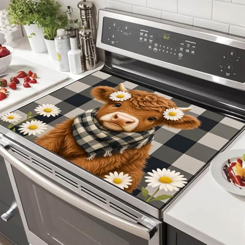 Image of HOMETITUTE Highland Cow Stove Top Covers for Electric Stove 28x20 Inches Heat Resistant Spring Glass Cooktop Protector Pad Decorative Stovetop Cover Dish Drying Mats for Kitchen Coffee Bar Decor