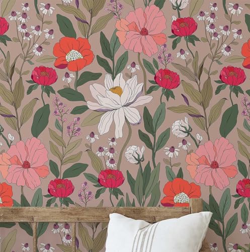 S4Sassy Removable Nature-Inspired Waterproof Wall Wrap, Textured Finish Wallcover, Blooming Garden Flower Contact Paper for Walls, Cabinet, Dresser, Self Adhesive Vinyl Wallpaper Roll- Taupe(25'x60')