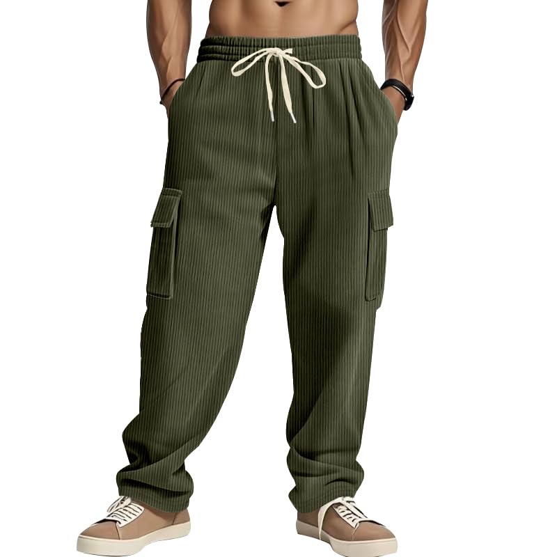 Mens Corduroy Pants Fall Casual Trousers Fashion Elastic Drawstring Waist Cargo Pants Comfy Loose Straight Legs