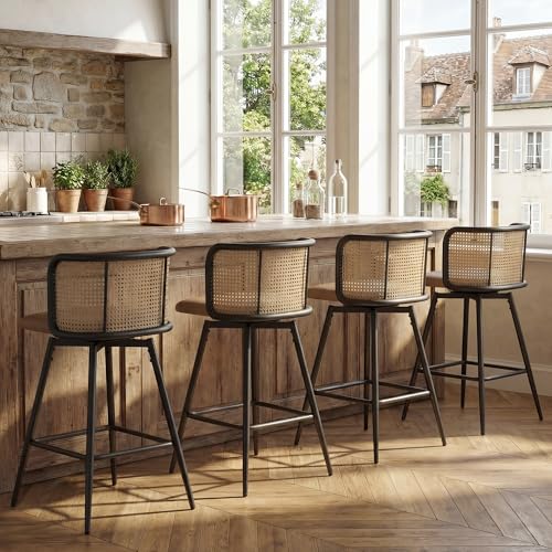 Image of 26 inch Swivel Rattan Bar Stools Set of 4, Counter Height Barstools, Brown | TYBOATLE, Farmhouse, Mid-Century Modern, Rattan Woven Back, Faux Leather Seat, Island, Kitchen