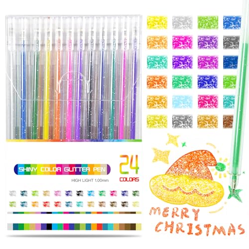 SAYEEC Glitter Gel Pens, 24 Colored Metallic Gel Pens Set, 1.0mm Super Sparkle Gel Ink Pens, Art Glitter Paint Markers for Adult Coloring Books Scrapbook Journaling Drawing Doodling Note Taking Crafts