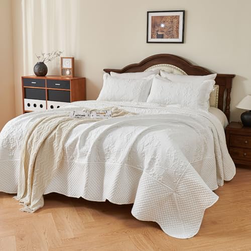 Image of EVENHUG Oversized King Bedspreads California King Quilt Set with Pillow Shams Extra Wide Large King Size Quilts Lightweight Coverlet Bedding Sets White 120 inchx128 inch