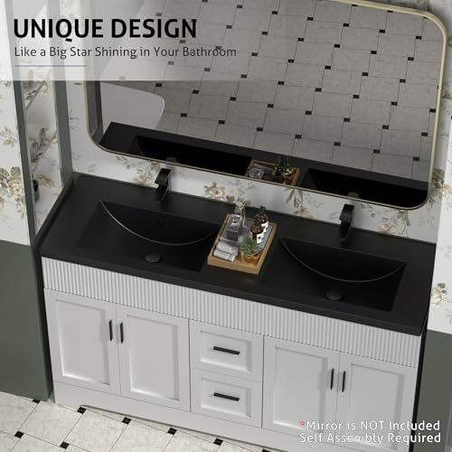 Image of eclife 60 inch Bathroom Vanities Sink Combo with Painted Surface, Modern Drawered Cabinet W /Decorative Wave Lines, Undermount Double Black Sink, Matte Black Faucet Drain, White