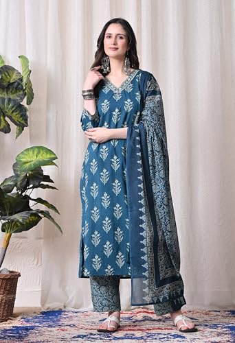 Image of MEERA FAB Women Floral Printed Sequined Cotton Straight Kurta with Palazzos & Dupatta | Sanganeri Print
