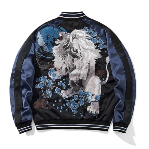 Japanese Lion Embroidery Mens Bomber Jacket Vintage Hip Hop Streetwear Satin Zip Up Long Sleeve Windbreaker