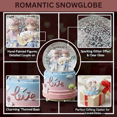 Image of Kujo Old School Romantic Valentine's Day Snow Globe | Couple Figurine with Love and Music Theme | Romantic Snow Globe Gift for Anniversaries, Birthdays | Perfect for Couples and Fiances (Guitar)