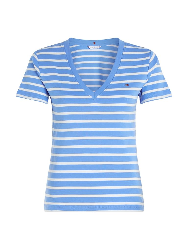 Tommy Hilfiger New Slim Cody V-NK SS WW0WW40584 Camisetas de Punto de Manga Corta, Azul (Breton STP/Blue Spell/Ecru), L para Mujer