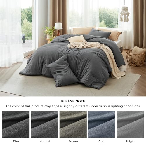 Image of Bedsure Comforter Set Queen Size - Cotton Fabric with Microfiber Inner Fill, Dark Grey PureWoven Soft Bed Set for All Seasons, 3 Pieces, 1 Comforter (90 inchx90 inch) and 2 Pillow Cases (20 inchx26 inch)