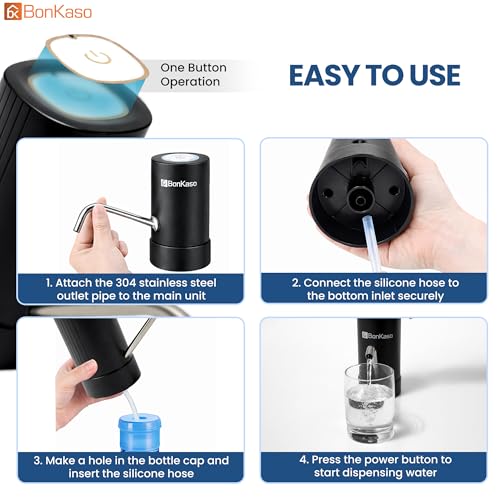 Image of BonKaso Automatic Electric Water Dispenser Pump for 20 Litre Bottle, Portable Water Pump Dispenser with 1200mAh C-Type Fast Charging Battery for Home, Office & Outdoor Use - Black