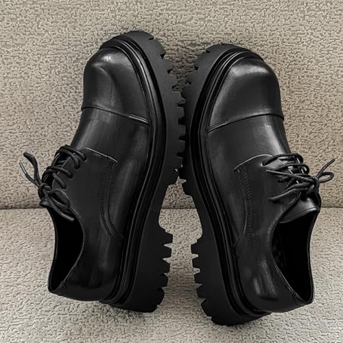 Men's Leather Platform Chunky Heel Classic Round Toe Lace - up Lug Sole Soft Sole Business Formal Dress Elevator Derby Shoes4