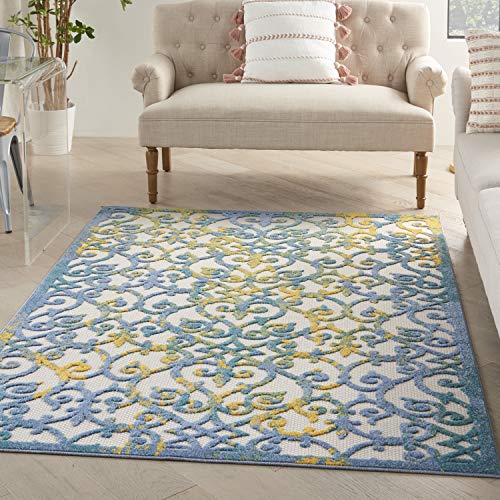 Nourison Aloha Indoor/Outdoor Ivory Blue 6' X 9' Area Rug, Transitional, French Country, Easy Cleaning, Non Shedding, Bed Room, Kitchen, Living Room, Deck, Backyard (6X9) #TOP2