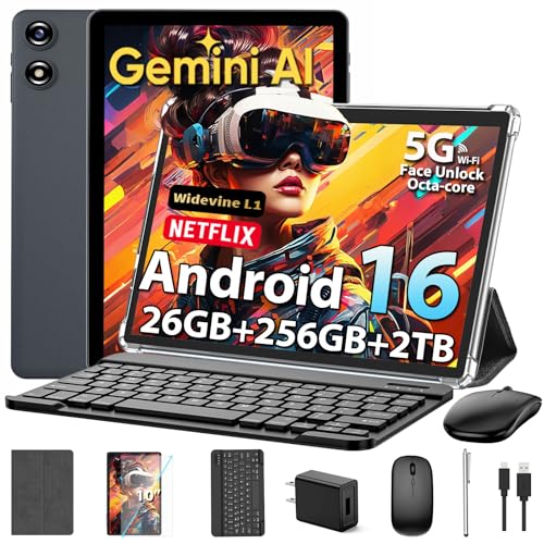 Image of 2026 Android Tablet with Keyboard, Upgraded Android 16 tablet with 26GB+256GB+2TB Expand, 10 inch Tablet PC with 8-Core, Gemini AI, WiFi, 8000mAh, GMS,GPS, 2-in-1 Tablet with Case,Mouse,Stylus(Silver)