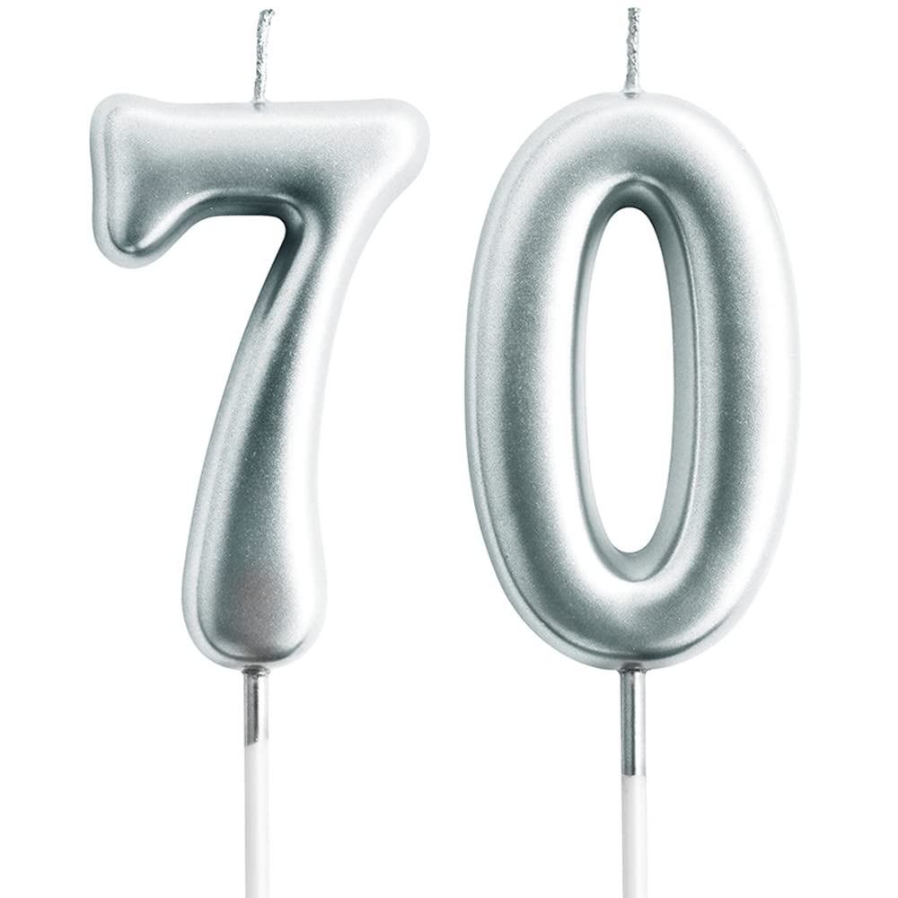 Eusbon Number 70 70Th Candle For Cake Decoration, Birthday Candle For Birthday Party, Wedding Anniversary, 7Cm Silver Big Size Number Candles