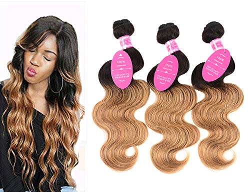 Younsolo Ombre Bundles Human Hair Body Wave (8 10 12) 1B/27 Two Tone Ombre Bundles Black to Blonde, Ombre Body Wave 3 Bundles Unprocessed Brazilian Virgin Remy Human Hair Extensions