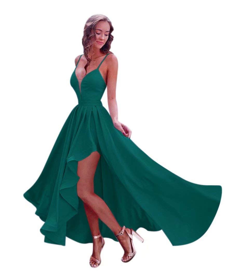 Andybridal Sexy High Low V Neck Satin with Sleeves Open Back Plum Bridesmaid Dress Hunter Green 6