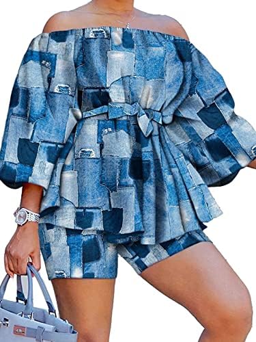 Famnbro 2 Piece Outfits for Women Plus Size Short Sets Off Shoulder Jean Printed Top Biker Shorts Tracksuit