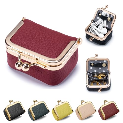 Wryhaul Mini joyero de cuero genuino, Mini monedero de joyería con Cerradura de beso, Monedero de cuero genuino de inspiración vintage portátil Organizador de estuche de joyería (Talla única,Rojo)