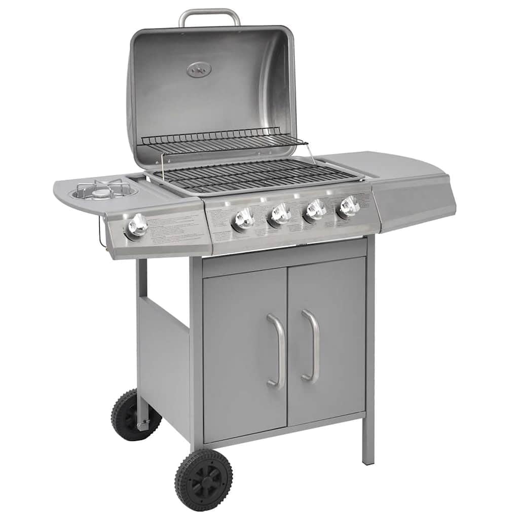 Barbecue a gas 4+1 con fornello laterale, carrello in acciaio inox, con copertura, termometro, vaschetta raccogli grasso, 104 x 55,4 x 97,7 cm, argento