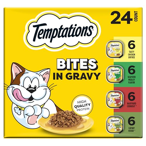 Temptations Bites in Gravy Adult Wet Cat Food Tasty Chicken Entree Seafood Medley Backyard Cookout and Catnip Fever 3.5 oz. Trays (24 Count Pack of 1)