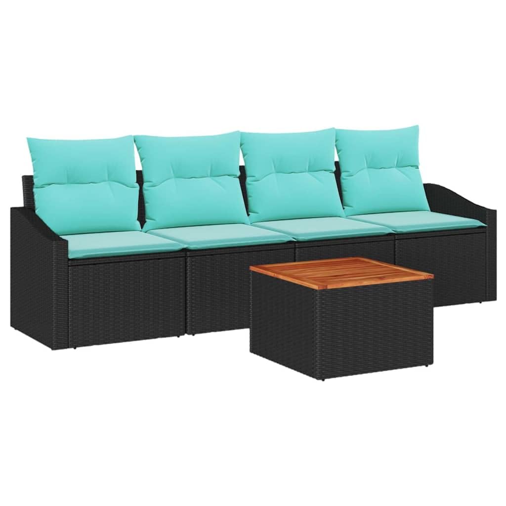 Ensemble de Canapé de Jardin 5 Pièces en Résine Tressée Noire, Salon de Jardin Modulable avec 4 Sièges, Coussins Rembourrés et Table Basse pour Patio et Terrasse