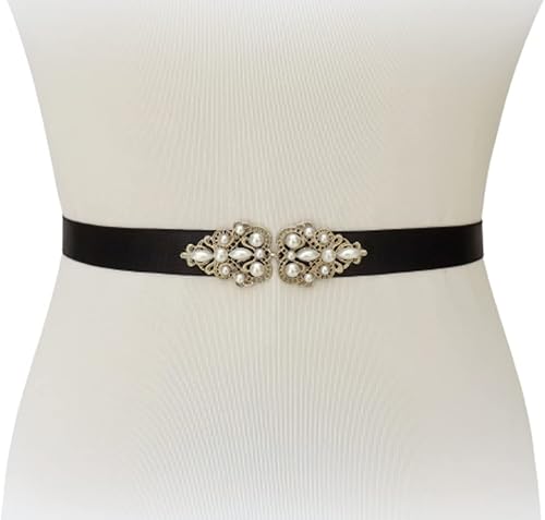 Black Elastic Silver Jeweled Pearl Dress Belt, Sizes XS to 3XL