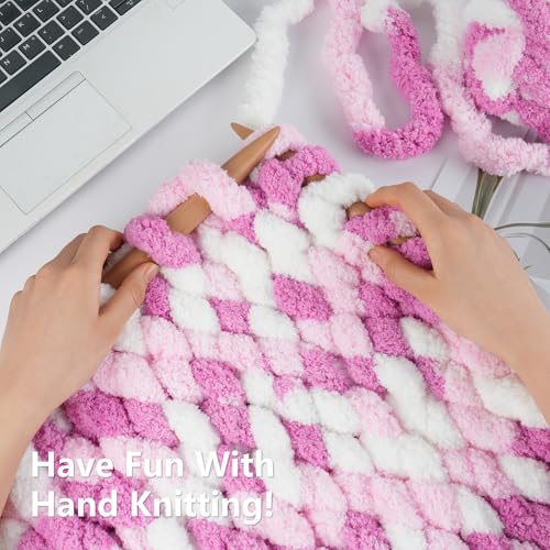 Image of Cozyful Chunky Yarn for Hand Knitting - #10 Chunky Chenille Blanket Yarn, Jumbo Big Thick Chunky Yarns for Crocheting, Tie Dye Bulky Knit Yarns, 8 Skein (20 yds 8 oz Each Skein), White & Pink & Rose