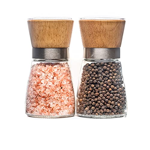 Wood Salt And Pepper Grinder Set With Holder, Manual Sea Salt, Peppercorn And Spice Mill, Glass Container, Adjustable Coarseness And Refillable #TOP7