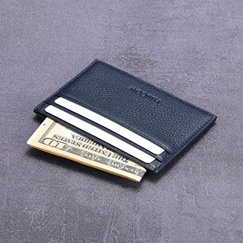 Image of HISCOW Slim Full Grain Leather Card Holder with ID Window, Pebbled Blue | Men's minimalist EDC wallet, front pocket carry, 2 credit card slots & center pocket, fits folded bills, premium gift box