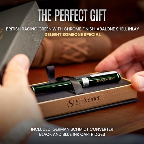 Scriveiner British Racing Green Personalisierter Stift - Atemberaubender Grüner Lack Luxus, Chrom Finish, Deutsche Schmidt Feder (Mittel), Bestes Graviertes Füllfederhalter Geschenkset, Namensgravur