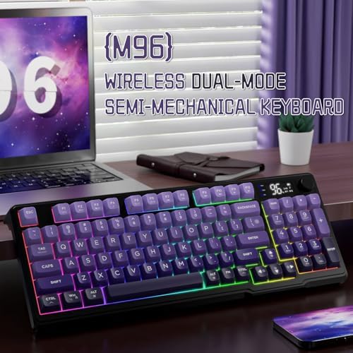 LexonElec M96 Wireless Keyboard, Low Profile Quiet Typing Membrane Gaming Keyboard with Smart Display & Knob, RGB Backlit, USB C Rechargeable, 94 Keys PBT Keycap for Windows PC,Mac,Linux-Grape Purple - 1