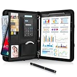 Schreibmappe A4, Konferenzmappe Leder, Dokumentenmappe mit Reißverschluss, Wasserdicht Aktenmappe mit Ringbuch Klemmbrett Notizblock, Portfolio Padfolio Mappe für Business Meeting, Schwarz
