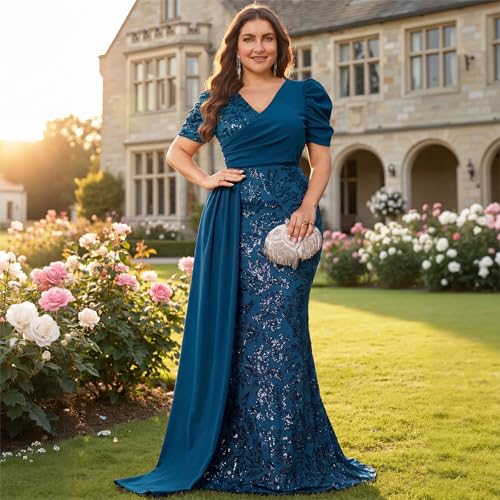 Image of Elegant Women's Formal Dress Wedding Guest Puff Sleeve Mermaid Ball Gowns Court Train Plus Size Sequin Long Dresses