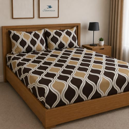 Image of Warm Flannel (Flano) King Size 345 TC Winter Fitted Bedsheet | All Side Elastic Premium Winter Soft Velvet Furnishing Bed Sheet with 2 Big Pillow Cover Size - 72 x 78 X 8 Inches Camel Brown