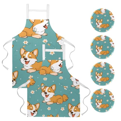 Tablier de serveur et cuisine lot de 2 avec motif corgi pour bistrot