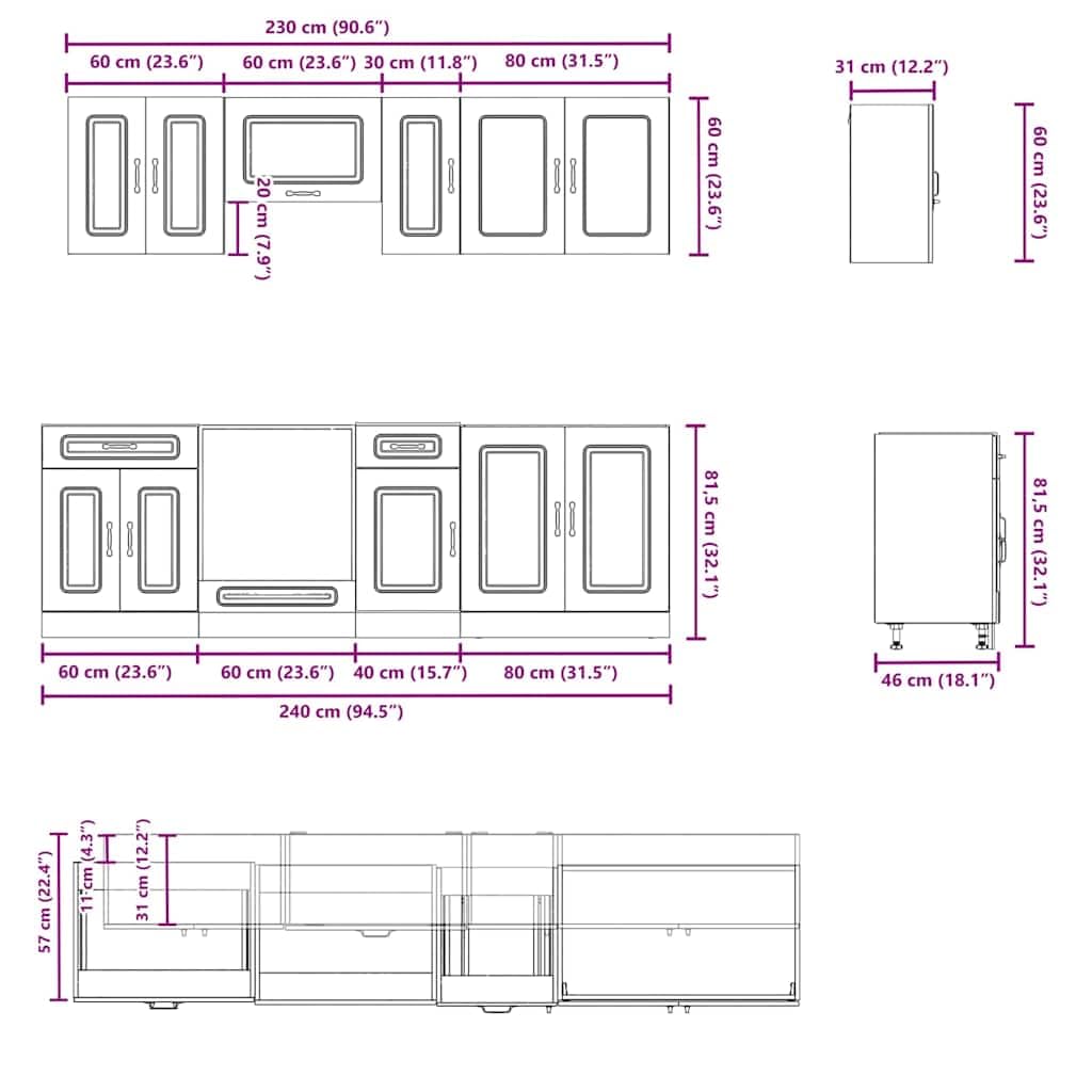 Juego de 8 armarios de cocina de madera de roble ahumado Kalmar con muchos compartimentos para optimizar el espacio, armarios inferiores de cocina con patas ajustables que ofrecen un práctico