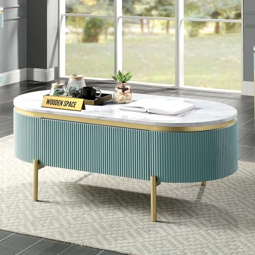 Image of WOODEN SPACE Premium Marble-Top Center Table with Iron Legs | PVD Coated Modern Coffee Table for Living Room & Entryway | 42x24x18 Inches (Sky Blue)